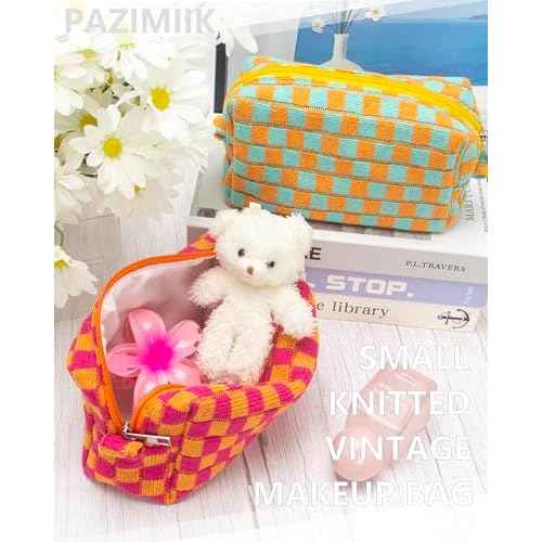 PAZIMIIK Checkered Makeup Bag for Purse Portable Zipper Make Up Pouch Small Cosmetic Case for Travel Red Orange