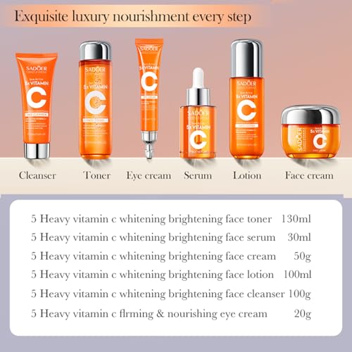 Vitamin C Skincare Set With Cleanser, Toner, Face Serum, Face Cream, Eye Cream And Face Lotion, Facial Skin Care Set For Teenage Girls Travel Size - Vegan, Gluten Free, & Cruelty Free