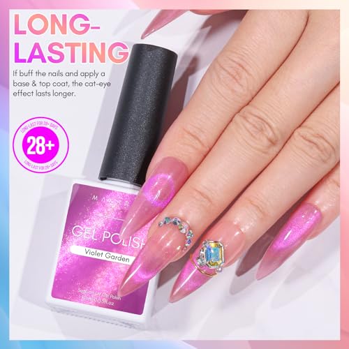 Makartt Holographic Cat Eye Gel Nail Polish with Magnet Stick 9D Glitter Nail Gel Soak Off Double Flashes Effect Dopamine Gel Nail Polish Manicure Home DIY Gift(Violet Garden)