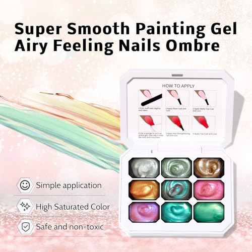 Sponge Pat Paint Nail Gel & Tools Kit, 9 Colors Ombre Nails Gradient Gel Nail Blush Blooming Aura Nails Drawing Stripper Floral Painting Nail Art, No Wipe, UV/LED Curing (9 Colors Set K)