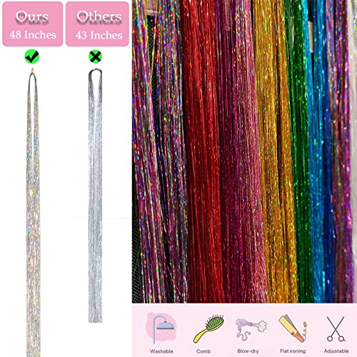 Hair Tinsel Kit 48 Inch Hair Tinsel Heat Resistant Safe 12 Colors 3600 strands Tinsel Hair Extensions with Tools,Fairy Hair Tinsel Kit for Women Girls Hair Accessories