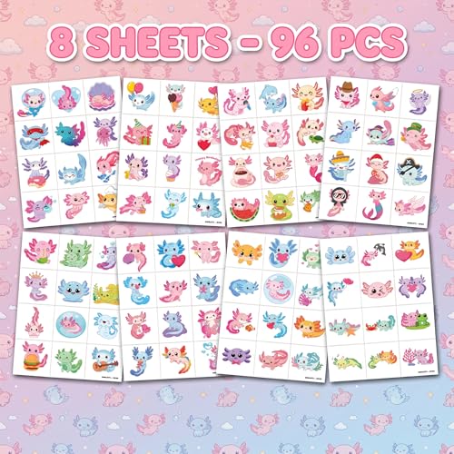 96 PCS Pink Axolotl Temporary Tattoos for Kids