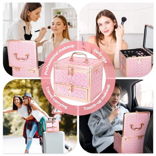 Makeup Case with Drawer, Travel Makeup Train Case with Magnetic LED Mirror, Cosmetic Organizer with Adjustable Divider - Sparkling Pink