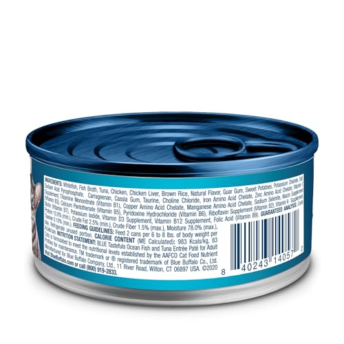 Blue Buffalo Tastefuls Wet Cat Food Paté, Made with Natural Ingredients | Ocean Fish and Tuna Entrée, 3-oz. Cans (24 Count)