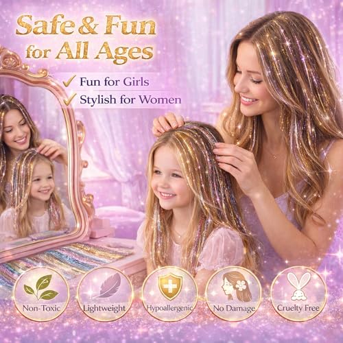 Black Hair Tinsel Clips - 18 Pcs Glitter Extensions for Parties