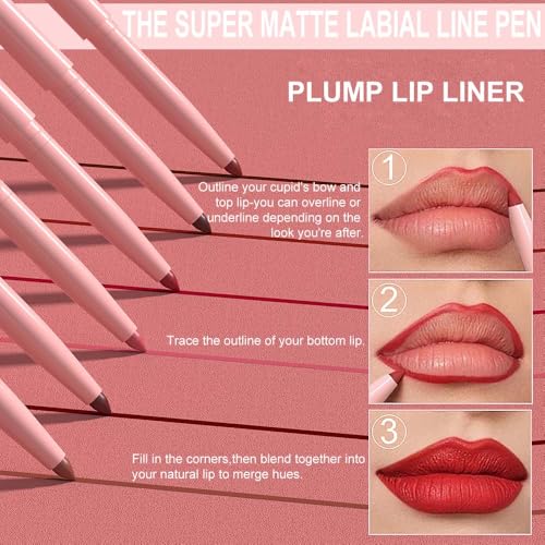 Kaely 12Pcs Retractable Lip Liner Pencils Set for Painting Outline Plump Lips, Mauve Maroon Red Orange Nude Coffee Brown Plum Taupe Creamy Matte Velvet Pigmented Lip Colors Liner Crayon Lipstick Set