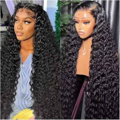28 Inch 13x6 Lace Front Wigs Human Hair Water Wave 200 Density 13x6 HD Full Lace Frontal Wigs Pre Plucked Wet and Wavy Glueless Deep Curly Human Hair Wigs for Women Natural Black
