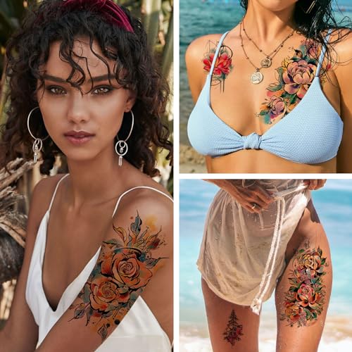 Watercolor Temporary Tattoos for Women, 30 Sheets Floral & Animal Designs