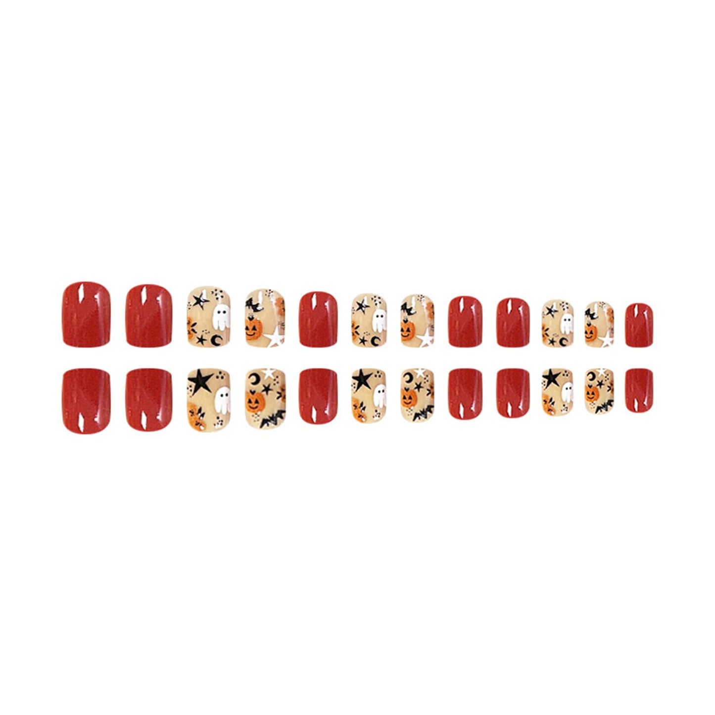 24Pcs Halloween Fake Nails Short Square Press on Nails, Glossy Red Orange False Nails with Pumpkin Ghost Star Designs Halloween Glue on Nails Cute Acrylic Nails for Women Girls Halloween Nail Art