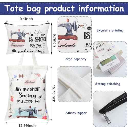 Abbylike 5 Pcs Sewing Gifts for Seamstress Women Gifts Canvas Bag Cosmetic Bag Quilting Coffee Mug Socks 11 oz Cup Quilter Keychain Funny Presents for Mom Quilters Sewing Lovers(White,Classic)