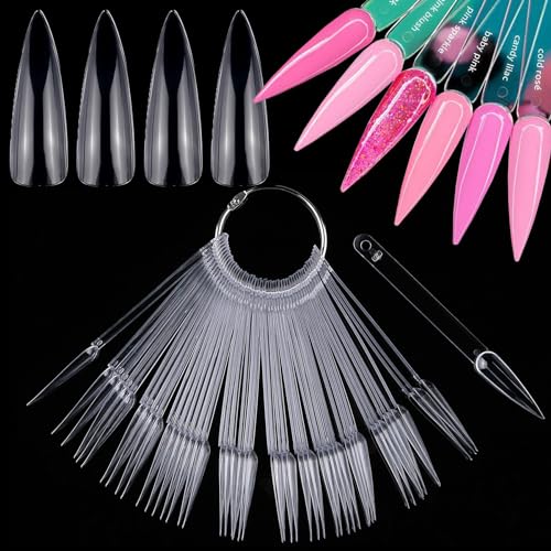 150PC Stiletto Nail Swatch Sticks Clear Practice Tips with Ring