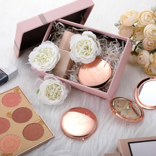 Roowest 12 Pcs Inspirational Compact Mirror Birthday Small Gifts for Mom Women Bulk Double Sided Travel Thank You for Being Awesome Makeup Magnifying Pocket Mirror for Purse(Rose Gold)