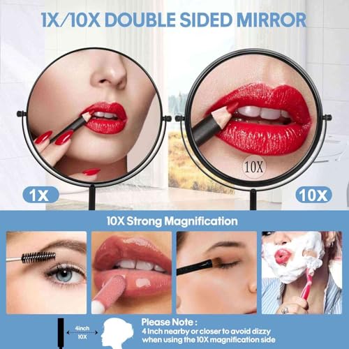 Large Size Tabletop Makeup Mirror with Magnification, 9-Inch Double-Sided 360¡Æ Swivel Free Standing Vanity Mirror, 1X/10X Magnifying Mirror with Stand for Bathroom & Bedroom, Matte Black, No Light