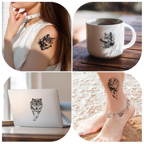 Wolf Temporary Tattoos 12pc – Black & White Sketch Armband