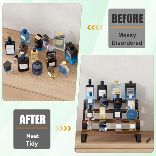 Cologne Organizer for Men, 12 Inch Wood Cologne Stand 4 Tier Perfume Organizer for Dresser, Versatile Step Display Stand Shelf for Fragrance, Skincare, Figurine, Dessert, 1 Set Brown