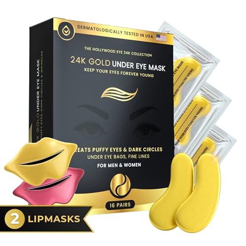 Bisou Bisou Bisou 16 Pairs Gold Under Eye Patches with 2 pieces of Lip Mask | Under Eye Mask Dark Circles and Puffiness | Wrinkles Patches with Hydrogel | Collagen Eye Pad