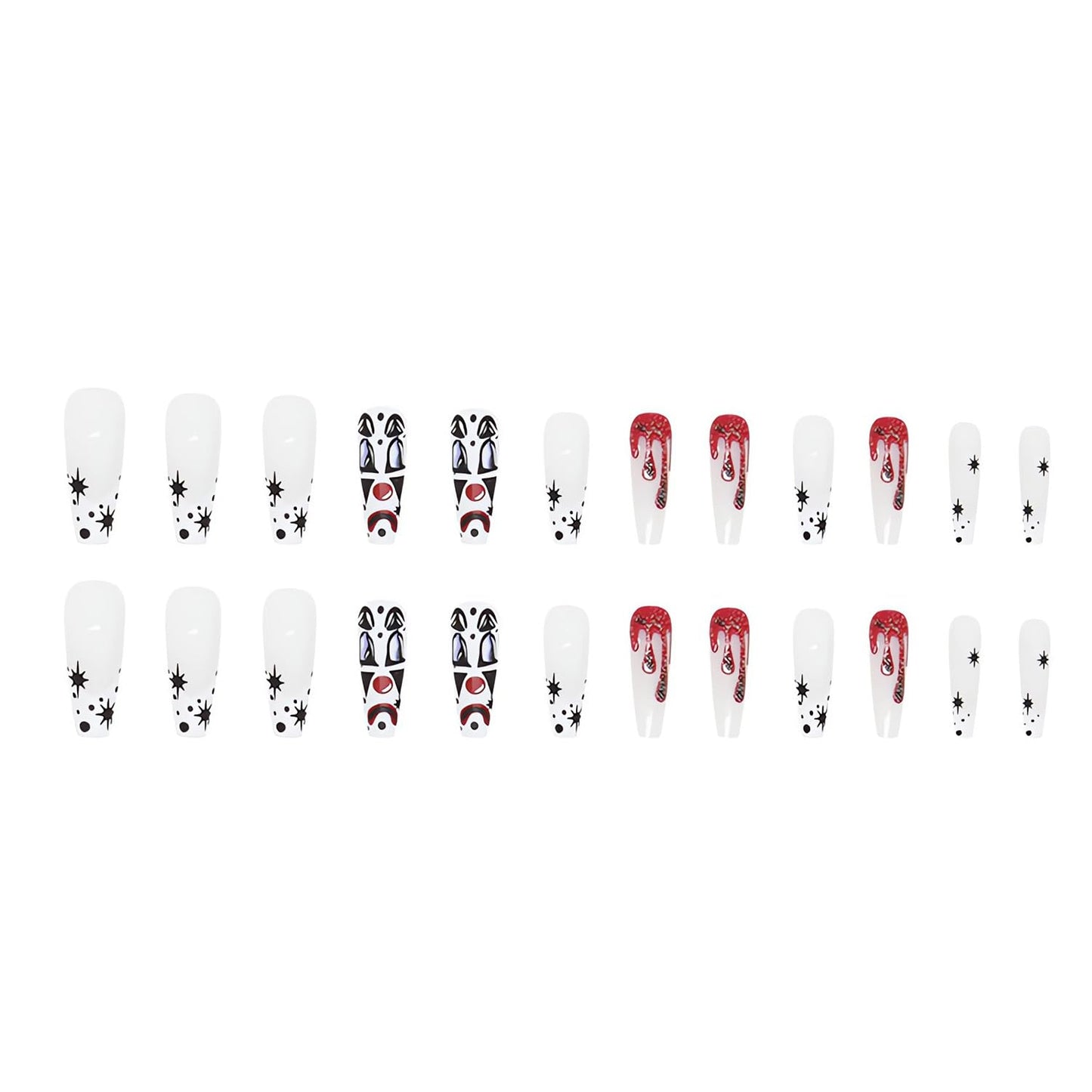 Halloween Press on Nails Long Coffin Fake Nails with Blood Clown Designs Glossy Glue on Nails Full Cover Long Acrylic Nails Halloween Nails for Women and Girls for Nail Art Decorations Cosplay 24 Pcs