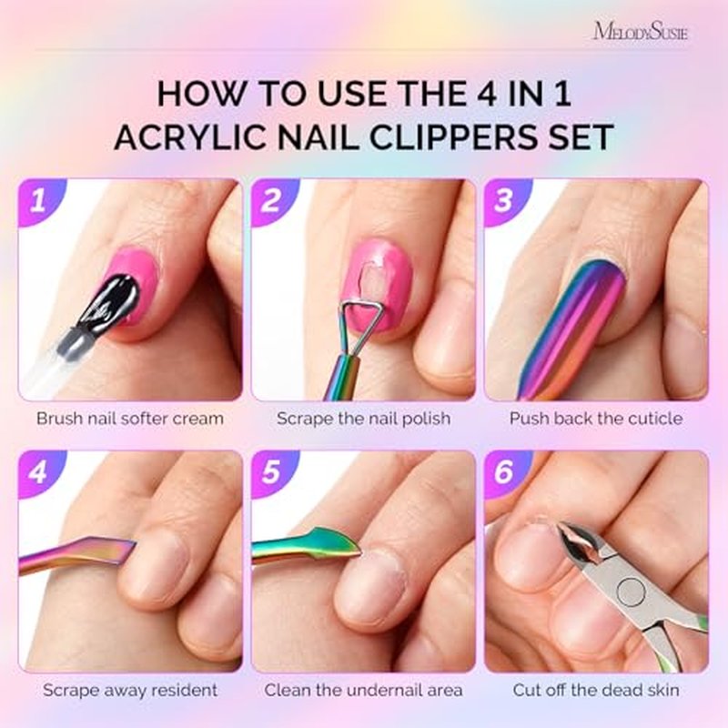 MelodySusie 4-in-1 Acrylic Nail Clipper Set with Cuticle Trimmer