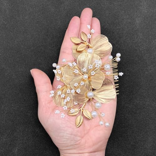 Gold Pearl Flower Hair Comb for Bride Wedding