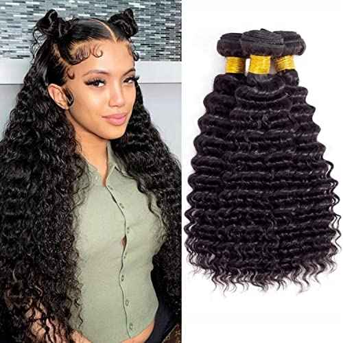 Deep Wave Human Hair Bundles 12A Brazilian Virgin Human Hair Bundles 24 26 28 Inch Wet and Wavy Curly Bundles Human Hair Extensions for Black Women Natural Color