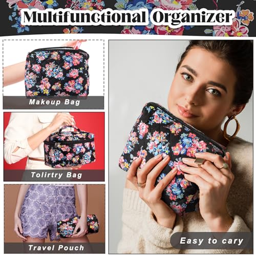 3 Pcs Quilted Makeup Bags Large Floral Cosmetic Bag for Women Cotton Makeup Bag Set Travel Toiletry Bag Aesthetic Cute Cosmetic Pouch for Women Christmas Gifts Organizer Home Bathroom