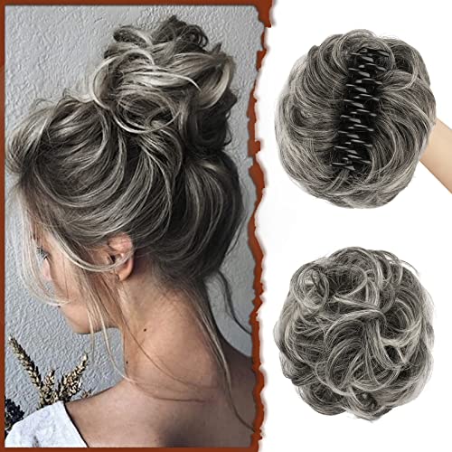 SOFEIYAN Claw Clip Messy Bun Wavy Curly Hair Piece Chignon Ponytail Hairpieces Synthetic Tousled Updo Hair Extensions Scrunchie Hairpiece for Women, Gray and White Tips