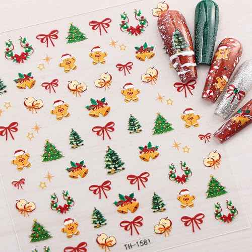 Christmas Nail Art Stickers, 3D Self-Adhesive Decals with Snowman, Snowflake, Elk, Santa Design for Gel Nails, 5 Pieces (Christmas)