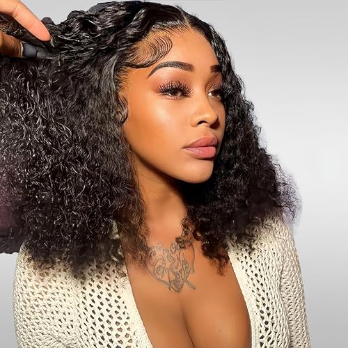 Short Curly Human Hair 180 Density Bob Wig Human Hair 13x4 Lace Front Wigs Human Hair For Black Women 100 Real Curly Human Hair Natural Black 12inch