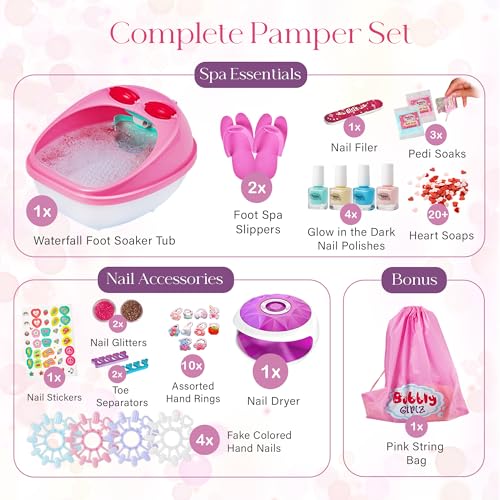 Kids Spa Day Kit for Girls, 42+ Piece Spa Set with Waterfall Foot Spa, Nail Spa Kit, Pedicure and Manicure Accessories (Regular Spa Set)