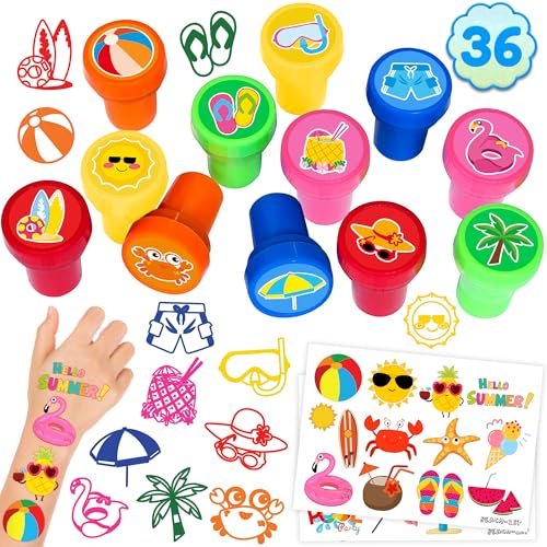 36PCS Beach Party Favors Set - 24 Temporary Tattoos & 12 Stamps