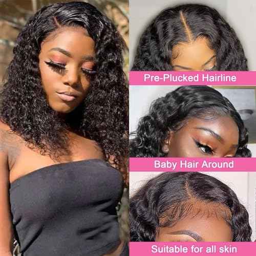 Deep Wave Bob Wig Human Hair 14 Inch 13x4 Lace Front Bob Wigs Human Hair Pre Plucked 180 Density HD Transparent Lace Front Human Hair Wigs for Black Women Natural Black