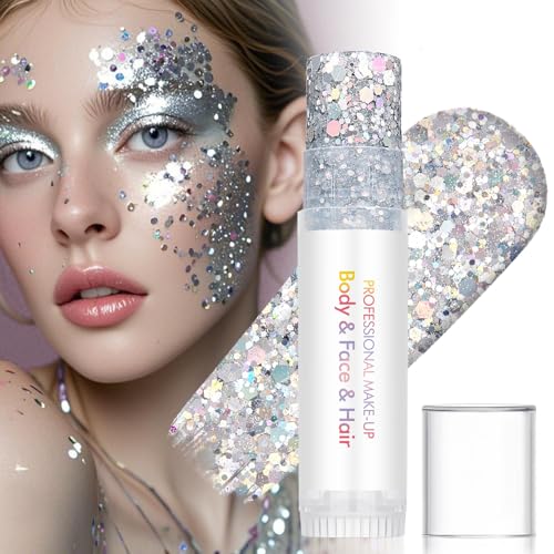 3 Pcs Body Glitter Stick, Holographic Sparkly Shimmer Face Glitter Gel Makeup for Face Body Hair Eyes & Lips, Halloween Chunky Glitter Sparkling Mermaid Sequins (White, Silver, Pink)