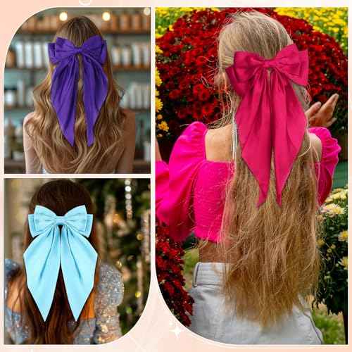 Hoteam 16 Pcs Silky Satin Hair Bows Bulk for Women Large Hair Ribbons Oversized Bows Oversized Long Tail Large Bow-knot Clips Accessories Gifts(Classic)