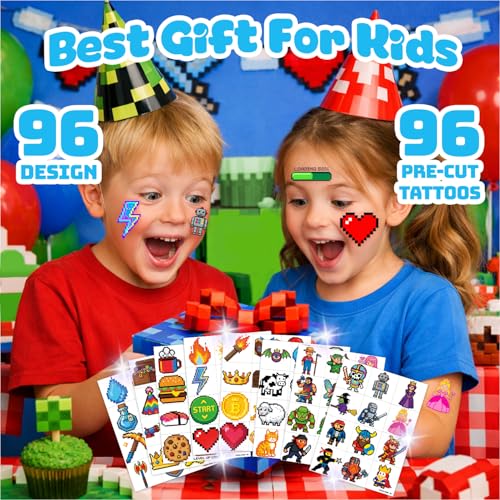96 Pixel Gaming Temporary Tattoos for Kids | Party Favors