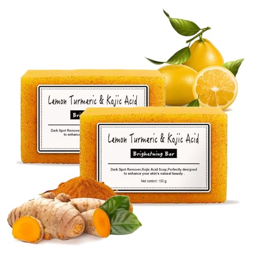 2PCS Lemon Turmeric Kojic Soap,Turmeric Soap Bar,Natural Gentle Cleanser for Face and Body,Natural Handmade So ap for Men, Women