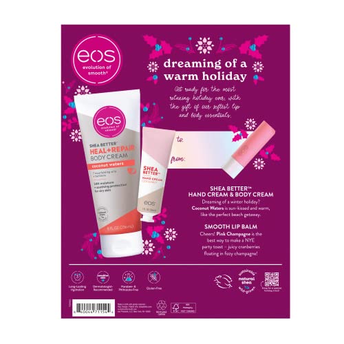 eos Limited Edition Holiday Collection- Pink Champagne Lip Balm, Coconut Waters Hand & Body Cream, Winter Gift Set, Made for Sensitive Skin, 3-Pack