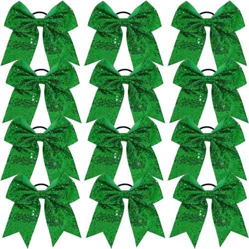 12 Pcs Large Glitter Cheer Bows (Green) - 8" Big Hair Bows for Sports Cheerleaders Accessories, Girls, Teens Women, 12 Count