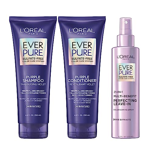 L'Oreal Paris Purple Shampoo Conditioner Brass Toning for Color Treated Hair (1 kit) + EverPure Sulfate Free 21-in-1 Color Caring Spray Multi Benefit Leave In Treatment, 6.8 fl oz