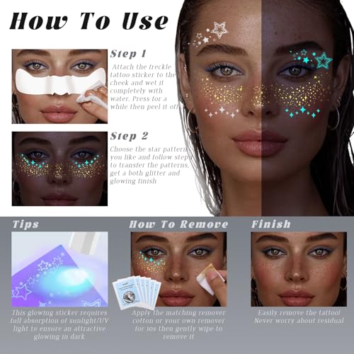 Glow in Dark Glitter Freckles Tattoo Stickers - 7 Sheet Set