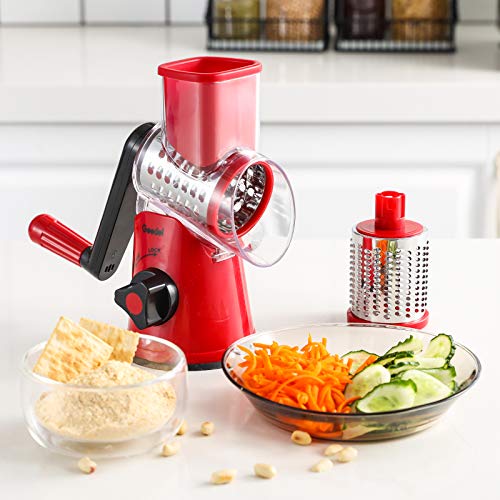 Geedel Rotary Cheese Grater, Kitchen Mandoline Vegetable Slicer with 2 Interchangeable Blades, Easy to Clean Rotary Grater Slicer for Fruit, Vegetables, Nuts