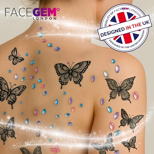 4 Sheet Temporary Tattoos - 4 Sheets Large Butterfly Fake Tattoos with Rhinestones - Temporary Tattoos for Women and Girls ? Waterproof Tattoos for adults, Semi Permanent Transfer Tattoo