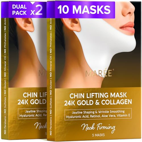 MAREE V Line Lifting Mask with 24K Gold ? Deep Collagen Face Mask for Women ? Jawline Shaper Mask with Retinol & Hyaluronic Acid ? Neck Tightening & Firming - Double Chin Strap for Face Lift - 2 pack