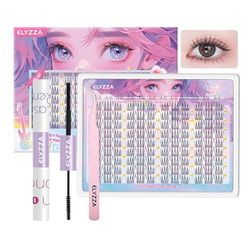 ELYZZA Idol Lash Extension Kit 10-12mm C+ Curl Eyelash Clusters With Thin Band Cluster Lashes Extensions With Bottom Lashes Lash Bond For DIY Individual Lashes at Home