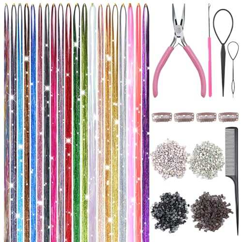 Hair Tinsel Kit 20 Colors - 8000 Strands 48 Inch with Tools