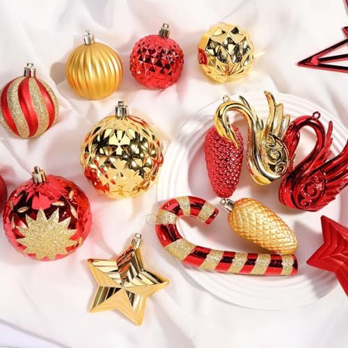 Alupssuc 128pcs Christmas Balls Ornaments Set, Shatterproof Plastic Baubles Christmas Flowers, Ribbon and Tree Topper for Xmas Tree Holiday Wedding Party Decorations with Hanging Strings, Red and Gold