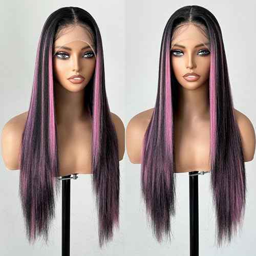 X-TRESS Highlight Pink and Black Wig 13x4x1 HD Lace Front Wigs Pre-plucked with Baby Hair 26Inch Straight Synthetic for white Women black Pink Highlight T-part Lace Halloween Wigs