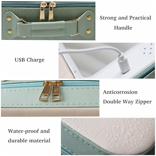 M-Box Travel Makeup Bag With LED Mirror, Protable Size Makeup Case Travel Cosmetic Bags Brush Organizer Storage Box, Rechargeable Vanity Mirror, Cosmetic Travel Bag for Women. (Mint-white)