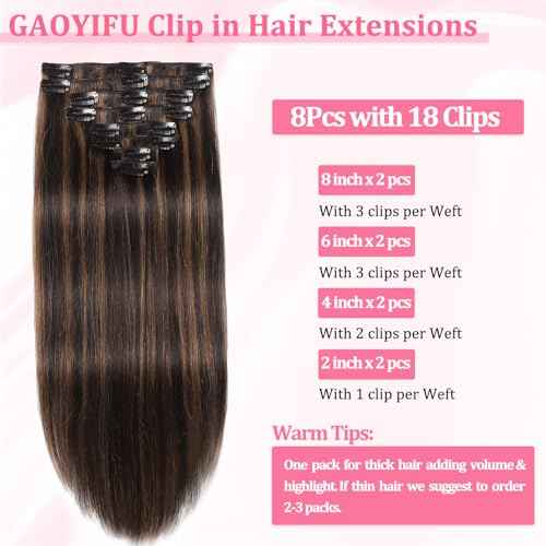 Clip in Hair Extensions Real Human Hair, Seamless Balayage Human hair Clip ins Extensions for Women Invisible Straight 8Pcs Double Weft Dark Brown Highlight Chestnut Brown 24inch 120g