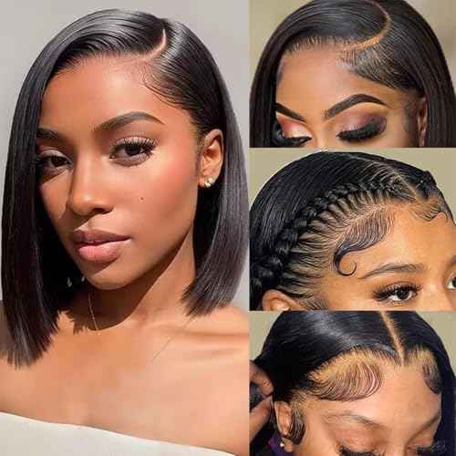 DYTJHMGL Short Bob Human Hair Wig - 250% Density Pre-Plucked Bone Straight HD Lace Front with Bleached Knots, 10 Inch