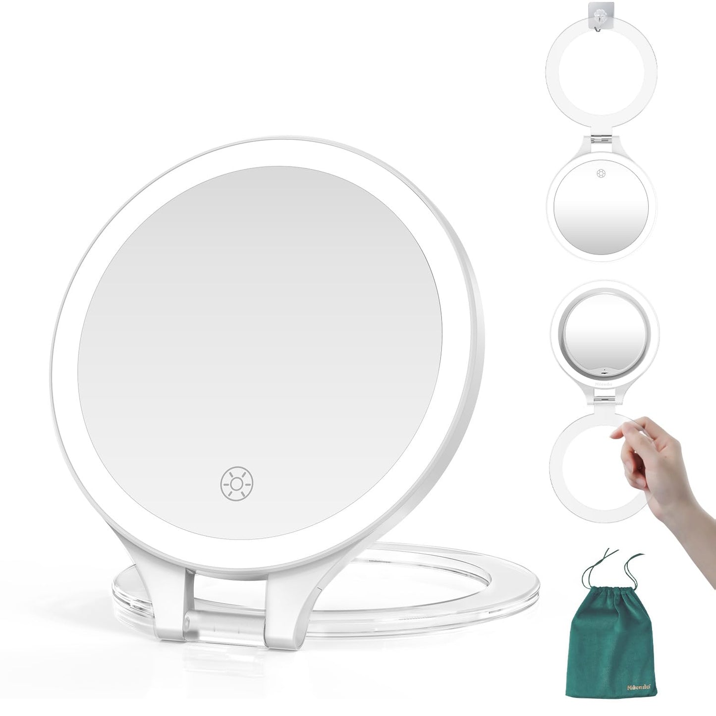 Mocado Travel Makeup Mirror with Light, 1X/20X Magnifying, Double Sided, 3 Color Light, Dimmable Touch, Rechargeable, Tabletop Standing, White